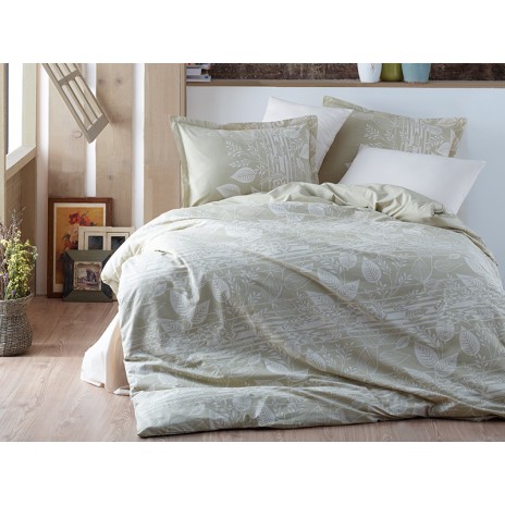 Lenjerie de pat bumbac 100% ranforce Tokyo v2 cu design minimalist crem și alb, decorată cu motive vegetale stilizate