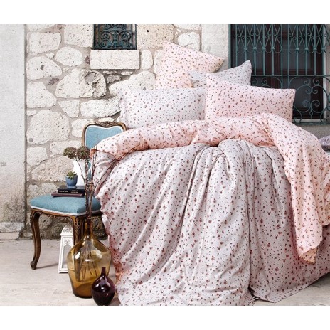 Lenjerie de pat dublu Ralex Pucioasa Valeria, bumbac 100% ranforce, design roz și alb, motive florale delicate