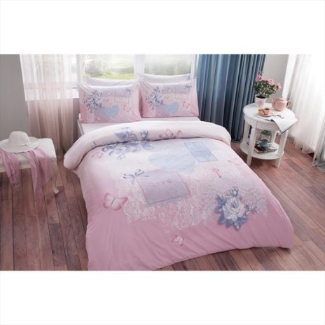 Lenjerie de pat din bumbac 100% ranforce cu model romantic în nuanțe de roz și albastru, cu motive florale și inimioare