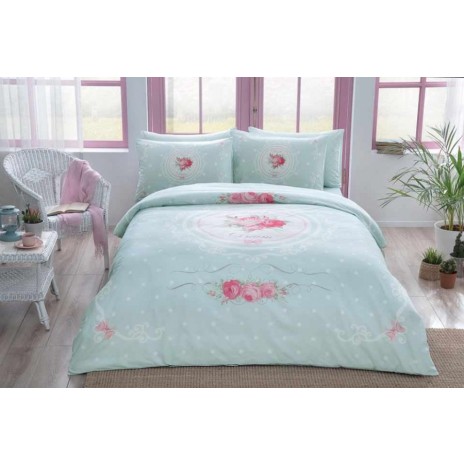 Lenjerie de pat din bumbac 100% ranforce cu model floral în nuanțe de verde mentă și roz, cu accente de dantelă albă