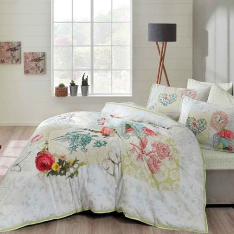 Lenjerie de pat din bumbac 100% ranforce cu model floral și grafic în nuanțe de verde, roz și galben, cu motive de fluturi