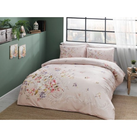 Lenjerie de pat din bumbac ranforce Leila Somon cu design floral delicat, în nuanțe de somon, alb și diverse culori pastelate