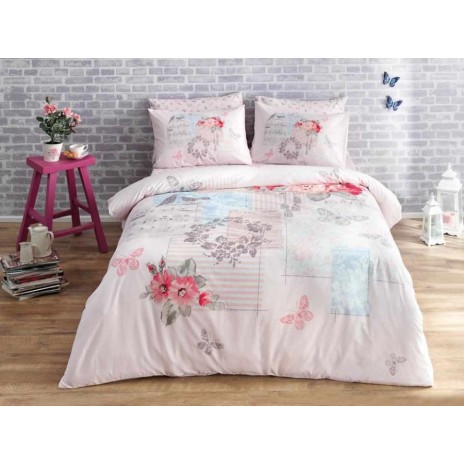 Lenjerie de pat din bumbac 100% ranforce cu model floral și fluturi în nuanțe de roz, albastru și gri pe fundal alb