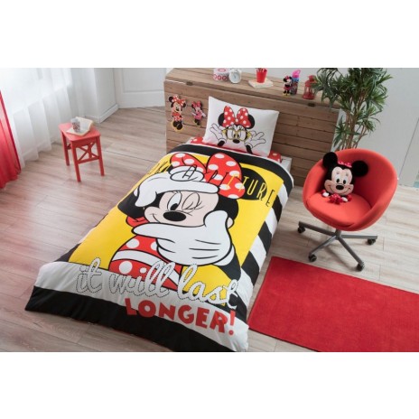 Lenjerie de pat Disney Tac Minnie Selfie, imprimeu galben negru roșu, Minnie Mouse selfie, 3 piese, bumbac.