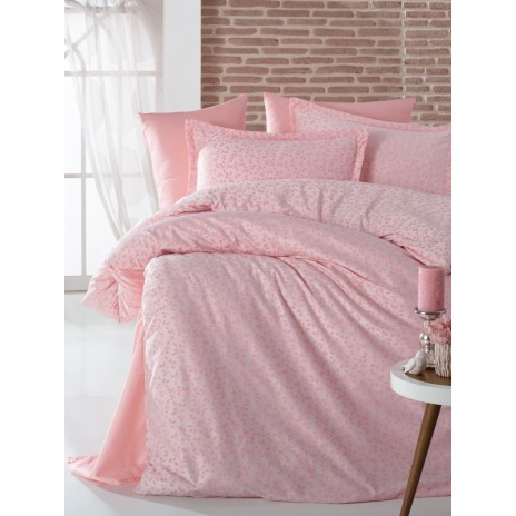 Lenjerie de pat din jacquard satin roz cu motive florale discrete