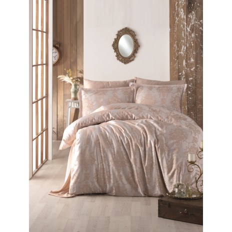 Lenjerie de pat din jacquard satin bej cu model damasc