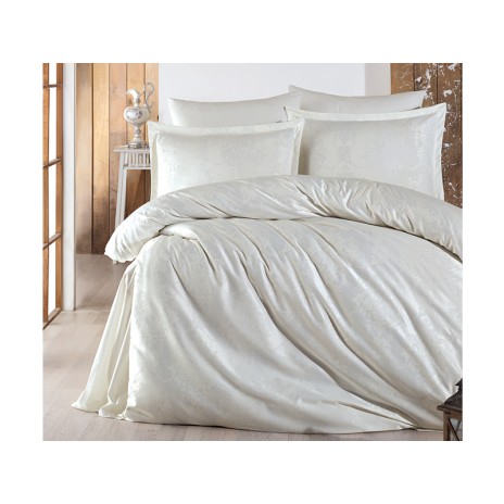 Lenjerie de pat de lux din jacquard satin Ralex Calista v2 în nuanțe alb și crem, design dungi și broderii