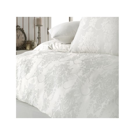 Lenjerie de pat de lux din jacquard satin Ralex Calista v2 în nuanțe alb și crem, design dungi și broderii