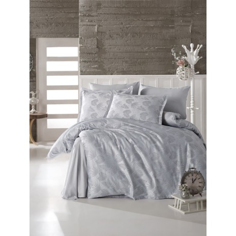 Lenjerie de pat din jacquard satin gri cu model de frunze