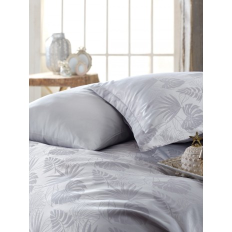 Lenjerie de pat din jacquard satin gri cu model de frunze