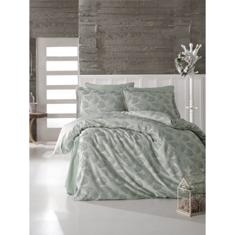 Lenjerie de pat din jacquard satin verde pastel cu model de frunze