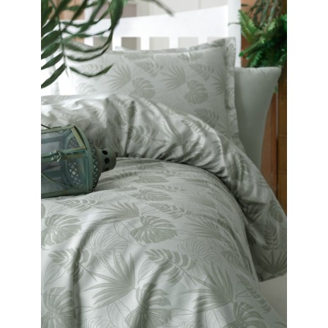 Lenjerie de pat din jacquard satin verde pastel cu model de frunze