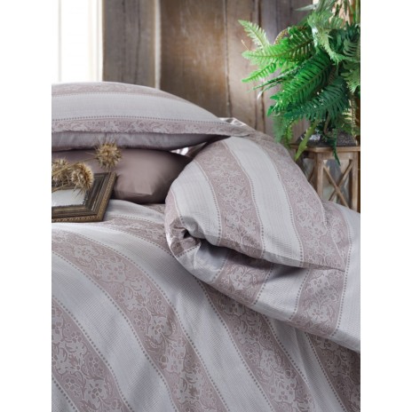 Lenjerie de pat din jacquard satin gri și mov cu model de dungi și motive florale