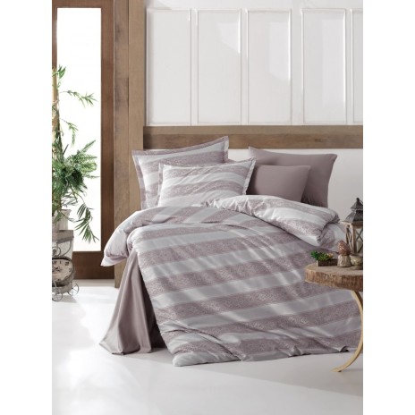 Lenjerie de pat de lux din jacquard satin Ralex Patara v2 în nuanțe bej și gri, design dungi și broderie