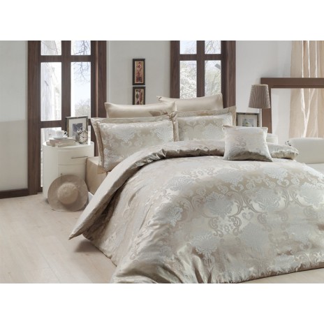 Lenjerie de pat din jacquard satin cu motive florale și damasc în nuanțe de crem și bej pe fundal alb perlat, 4 piese, Nazenin Home Lisa