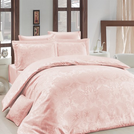 Lenjerie de pat din jacquard satin cu motive florale și damasc în nuanțe de roz pudră pe fundal alb perlat, 4 piese, Nazenin Home Lisa