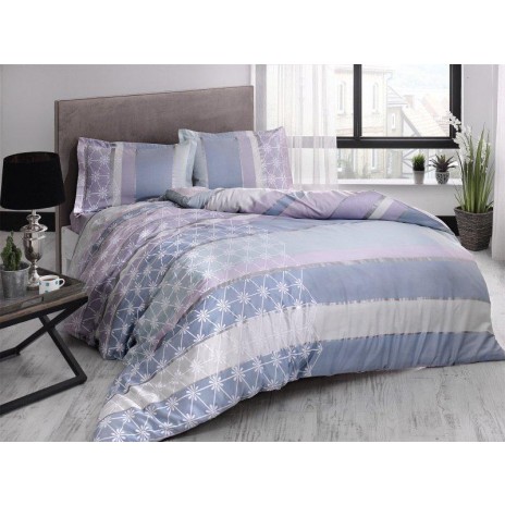 Lenjerie de pat de lux din bumbac satinat Tac Frame Mavi în nuanțe albastru și lavandă, design geometric