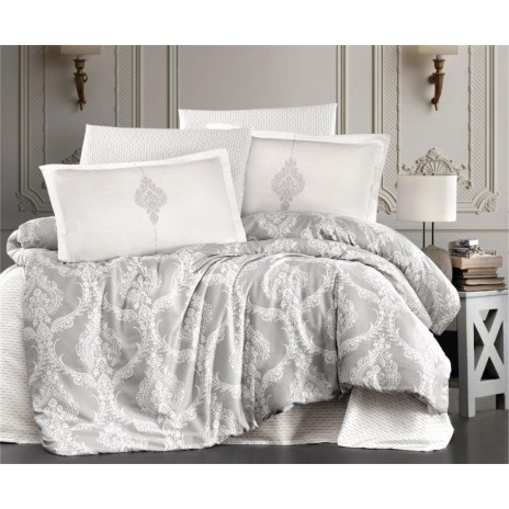 Lenjerie de pat dublu satin de lux gri cu design damasc alb