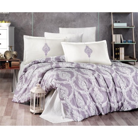 lenjerie pat dublu, satin de lux, Kaldera, design damasc, lila, alb, bumbac satinat, set 4 piese