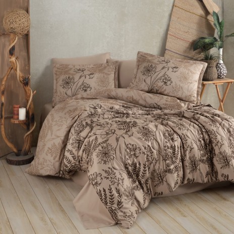 Lenjerie de pat dublu satin de lux bej cu design floral maro închis și frunze delicate
