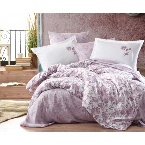 Lenjerie de pat dublu din satin lila cu flori și imprimeu digital, model Olava