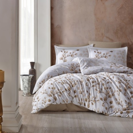 Lenjerie de pat dublu satin de lux alb cu design de frunze maro deschis și ramuri