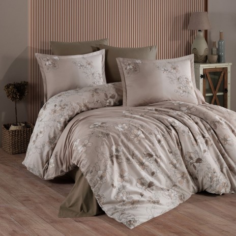 Lenjerie de pat dublu satin de lux bej cu design de flori crem și maro deschis