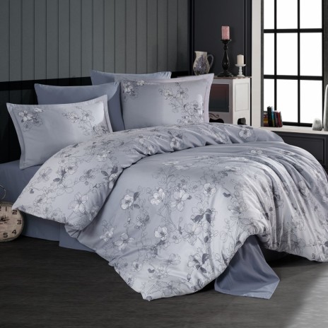 Lenjerie de pat dublu satin de lux gri deschis cu design de flori albe și gri închis