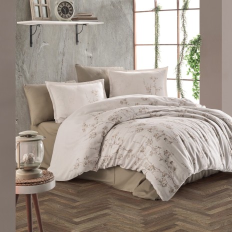 Lenjerie de pat dublu satin de lux bej cu design de flori bej și ramuri delicate