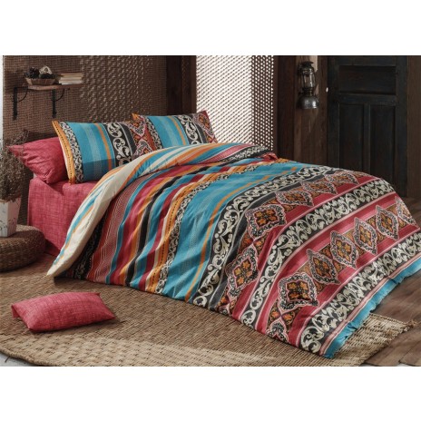 Lenjerie de pat dublu bumbac 100% ranforce cu design etnic multicolor - Bahar Home Adriana