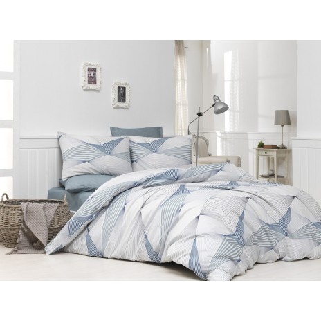 Lenjerie de pat dublu bumbac 100% ranforce albastru și alb cu design geometric abstract - Bahar Home Break Blue