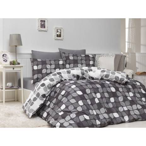 Lenjerie de pat dublu bumbac 100% ranforce gri, alb și negru cu model geometric de frunze - Bahar Home Bunku Grey