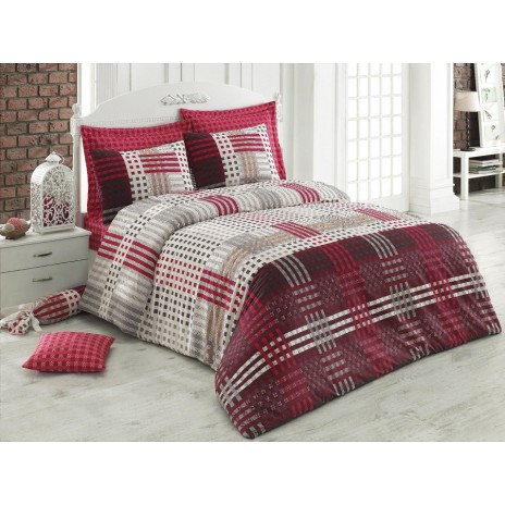 Lenjerie de pat pentru o persoană Bahar Home Cameron, bumbac 100% ranforce, design roșu, gri și alb, motive geometrice și carouri elegante