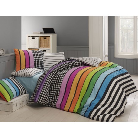 Lenjerie de pat din bumbac 100% ranforce cu design vesel în dungi colorate și modele geometrice alb-negru