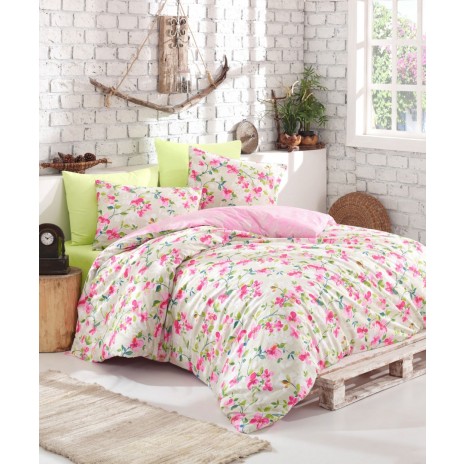 Lenjerie de pat din bumbac 100% ranforce cu model floral în nuanțe de roz și verde pe fundal alb