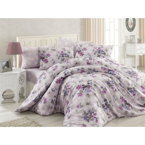 Lenjerie de pat pentru o persoană Bahar Home Dore, bumbac 100% ranforce, design lila și mov, motive florale delicate