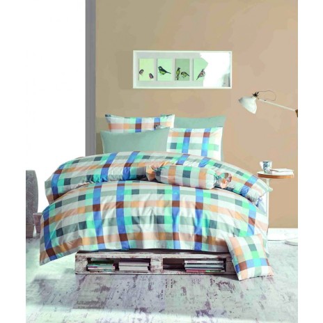 Lenjerie de pat pentru o persoană Bahar Home Ekose Blue, bumbac 100% ranforce, design carouri colorate, albastru, verde, portocaliu și maro