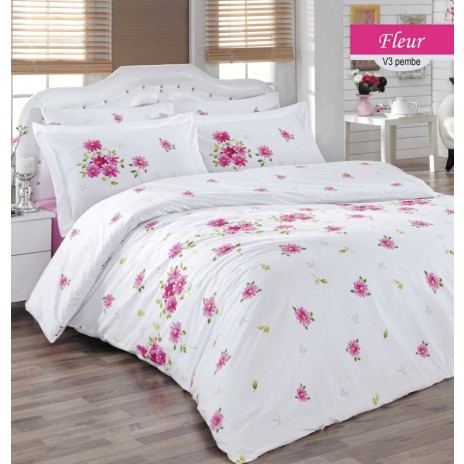 Lenjerie de pat din bumbac 100% ranforce cu model floral în nuanțe de roz pe fundal alb