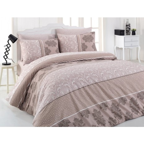 Lenjerie de pat din bumbac ranforce Harem Beige cu design floral și modele geometrice, în nuanțe de bej și maro