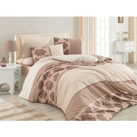 Lenjerie de pat din bumbac ranforce Harem V4 cu design floral și modele geometrice, în nuanțe de maro și crem