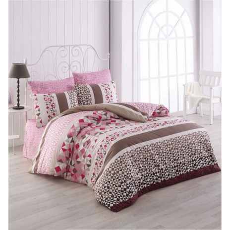 Lenjerie de pat pentru o persoană Bahar Home Laviva, bumbac 100% ranforce, design roz, maro și alb, motive geometrice și modele colorate