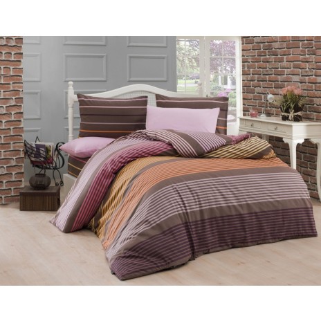 Lenjerie de pat ranforce Bahar Home Linea v2 cu design modern în dungi orizontale multicolore în nuanțe de maro, portocaliu, mov și roz