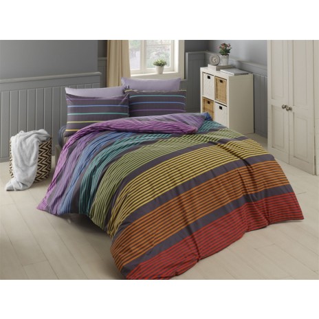 Lenjerie de pat ranforce Bahar Home Linea v3 cu design modern în dungi multicolore strălucitoare pe fundal gri închis
