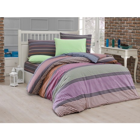 Lenjerie de pat ranforce Bahar Home Linea v4 cu design modern în dungi orizontale pastelate multicolore pe fundal gri închis