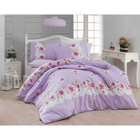 Lenjerie de pat ranforce Bahar Home Liva v4 cu design elegant în dungi delicate și motive florale mov și alb