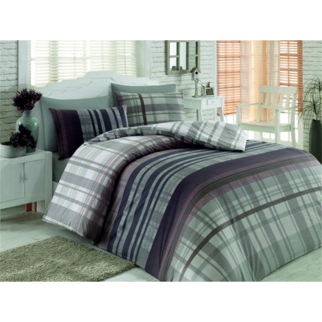 Lenjerie de pat ranforce Bahar Home Luke v1 cu design clasic în carouri elegante gri și mov