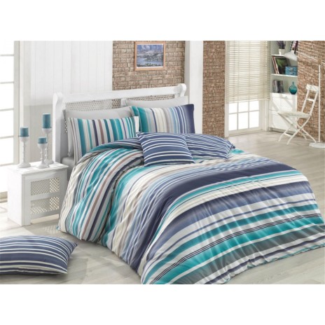 Lenjerie de pat dublu bumbac 100% ranforce bleu, albastru și alb cu design în dungi - Bahar Home Marino