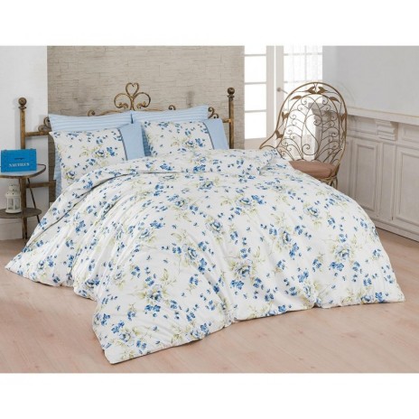 Lenjerie de pat din bumbac ranforce Modena V2 cu design floral, în nuanțe de albastru, verde și alb