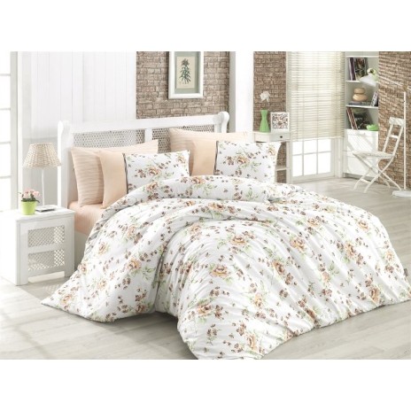 Lenjerie de pat din bumbac ranforce Modena V3 cu design floral, în nuanțe de bej, verde și alb