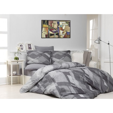 Lenjerie de pat dublu bumbac 100% ranforce gri cu model geometric abstract - Bahar Home Mosaic Grey